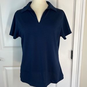 Lady Hogan. Size Large, Navy Blue Striped, V Neck Short Sleeve Golf Shirt